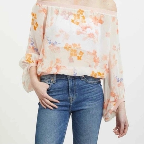 7 For All Mankind Cream Silk Off-Shoulder 3/4 Sleeve Blouse NWT XS - Picture 1 of 8